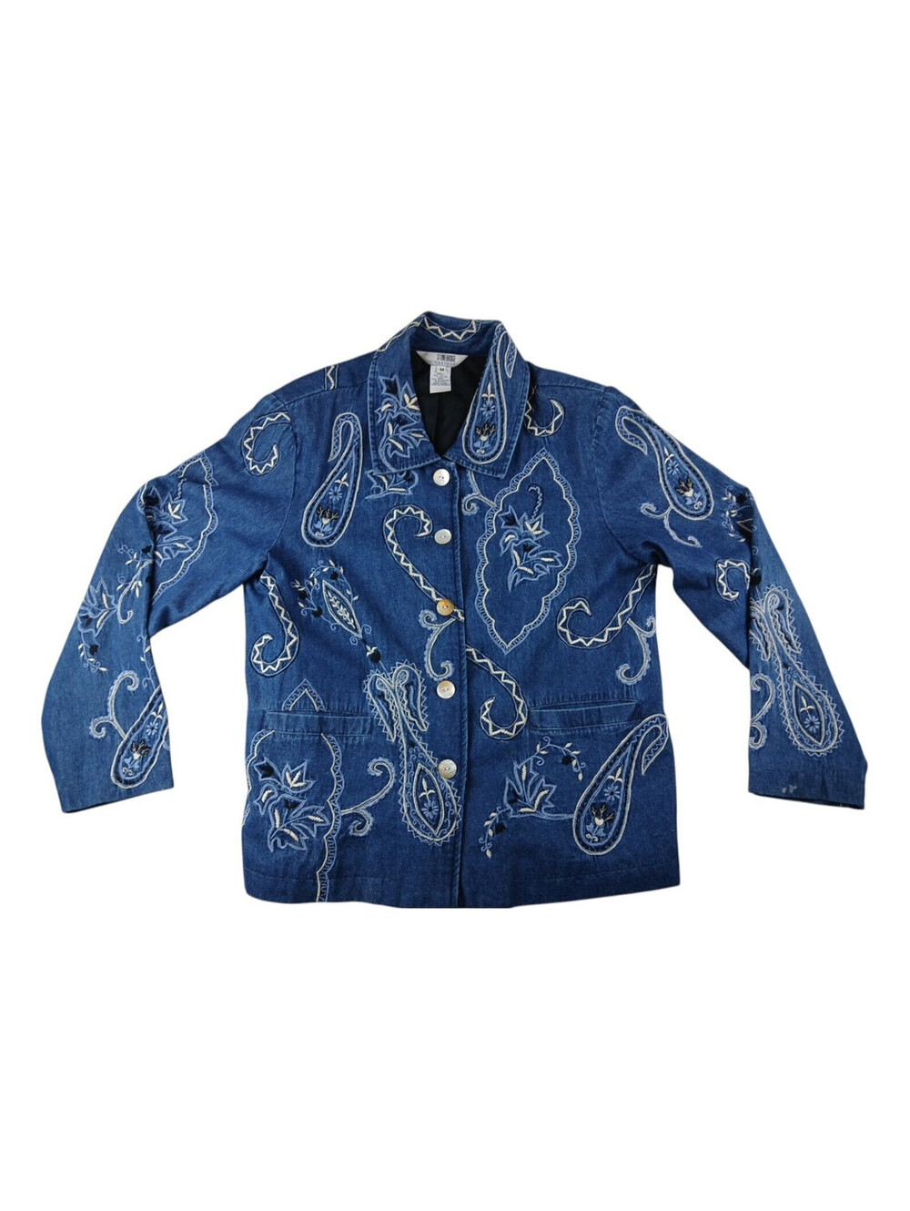 Vintage Stonebridge Denim lined Jacket Blue Embroidered Paisley Design NICE Med.